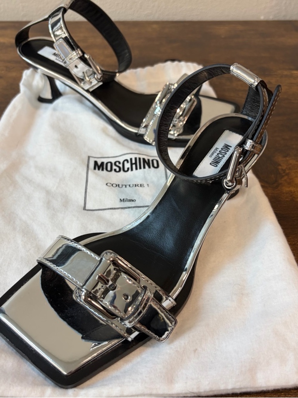 Moschino Silver Buckle Square-Toe, Ankle-Strap Heels Sz 5.5-6